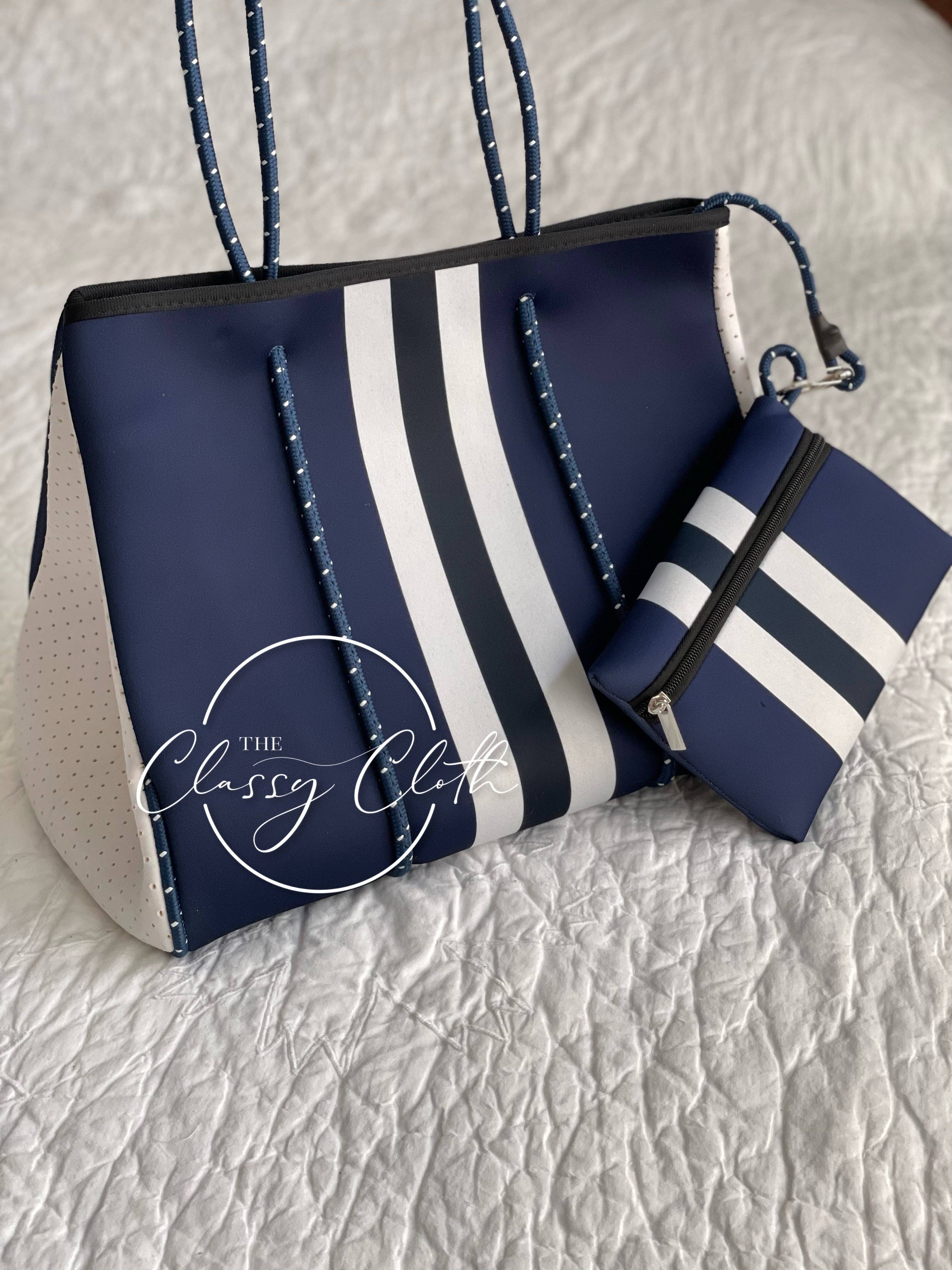 The Classy Cloth  - Beach Bag - Navy w/ Navy & White Stripe Lining