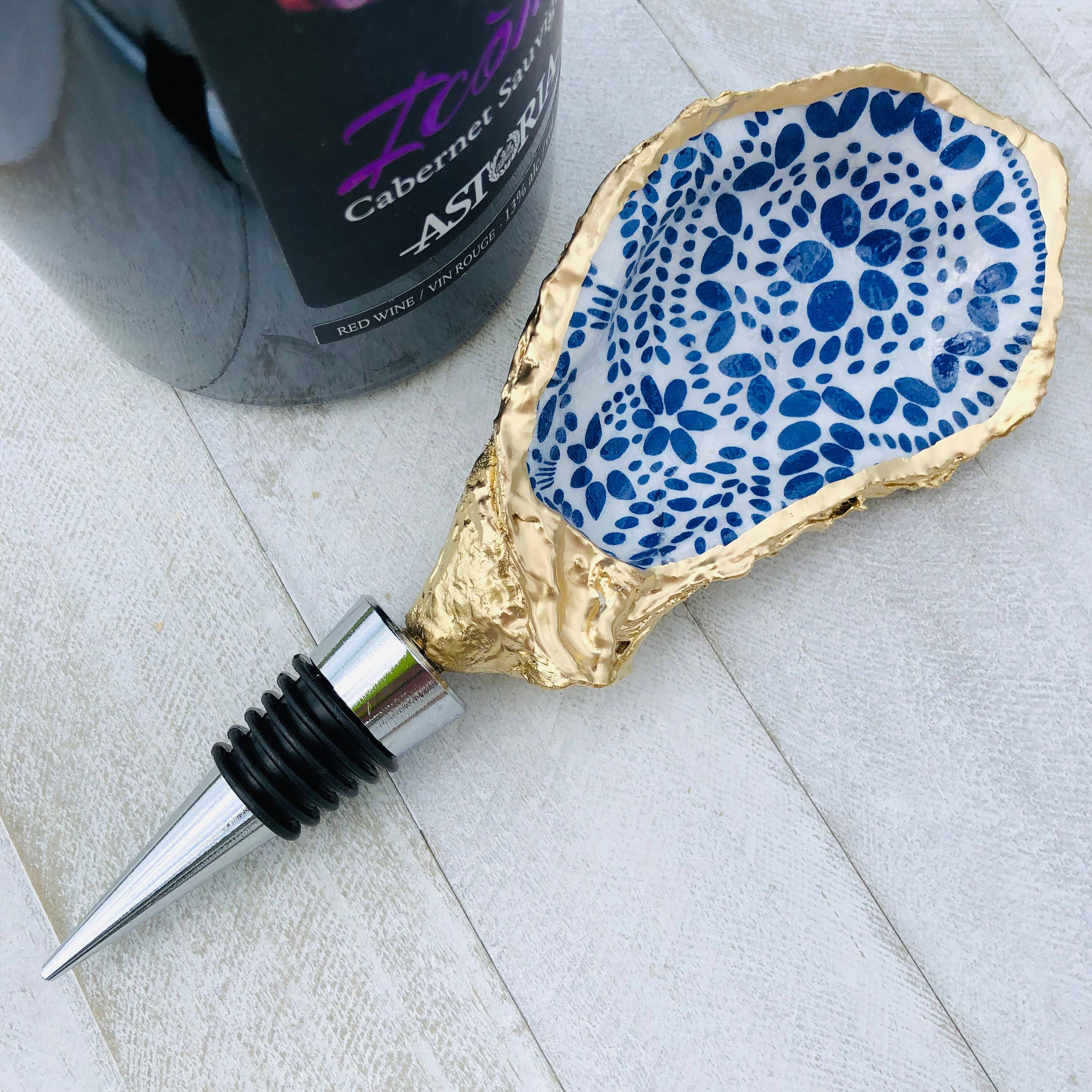 Place of Grace Designs - Oyster Shell Wine Stopper--Blue And White Abstract Dots