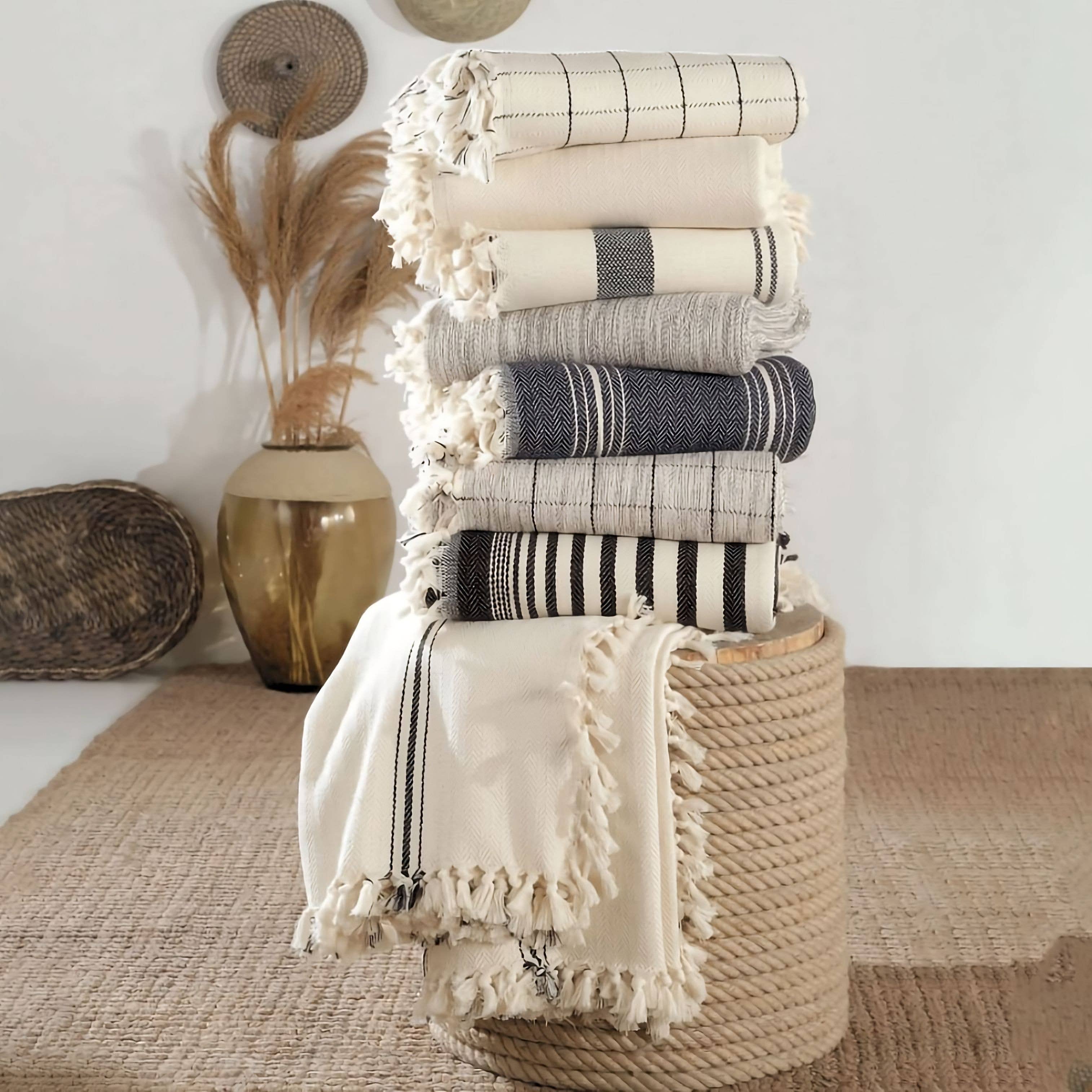 Moa - Minimalist 100% Cotton Throw Blanket Navy Striped