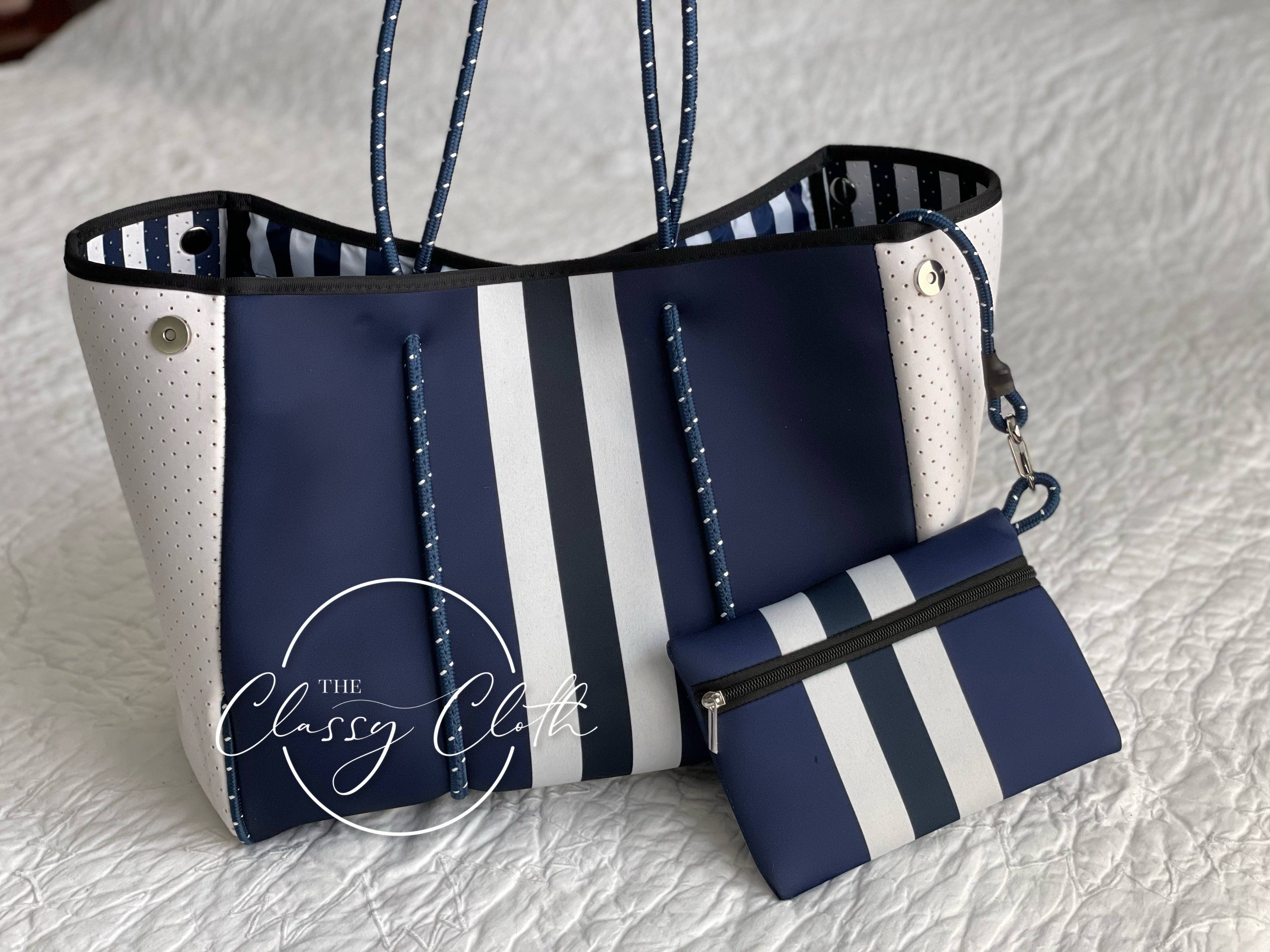 The Classy Cloth  - Beach Bag - Navy w/ Navy & White Stripe Lining
