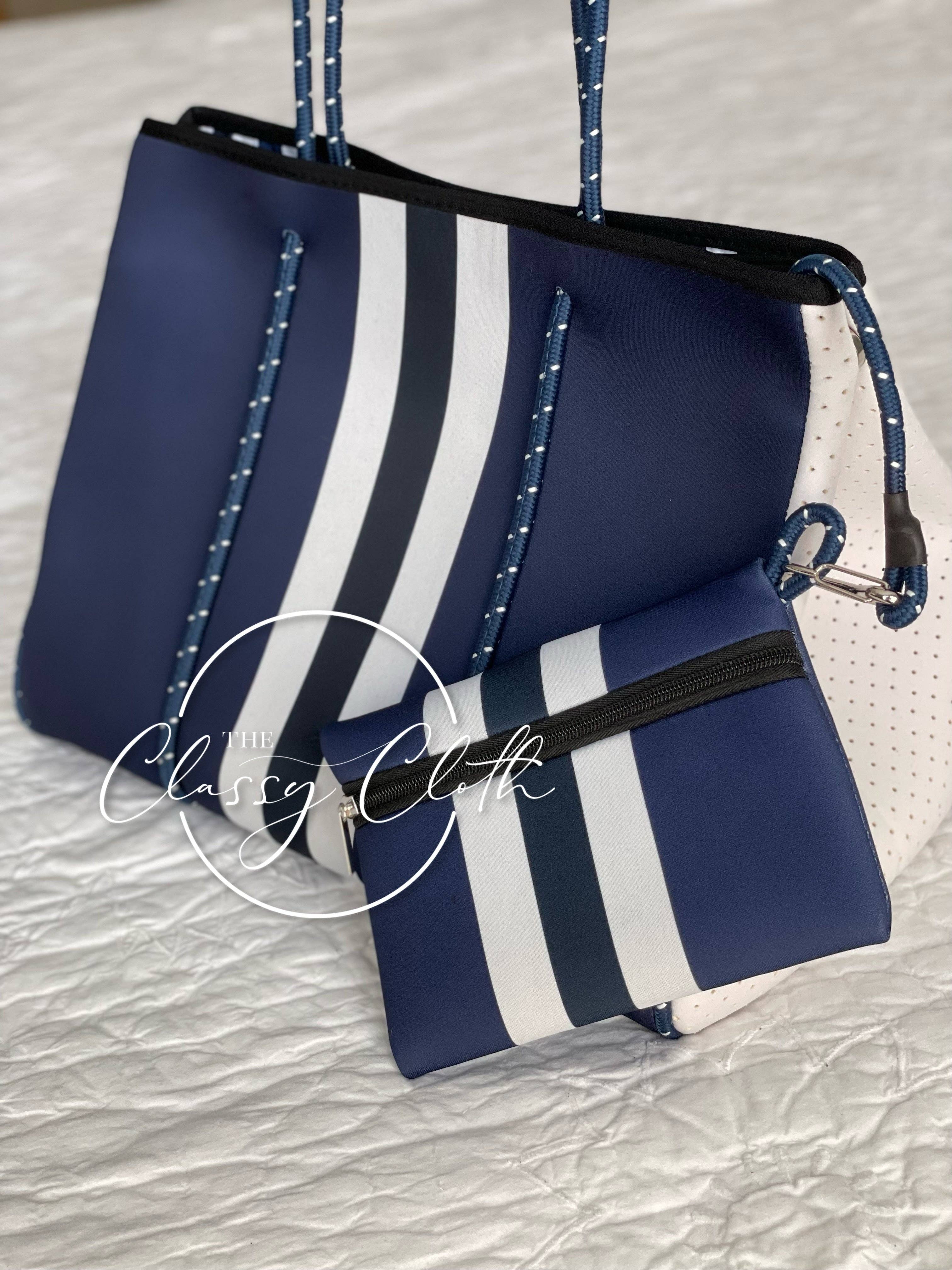 The Classy Cloth  - Beach Bag - Navy w/ Navy & White Stripe Lining