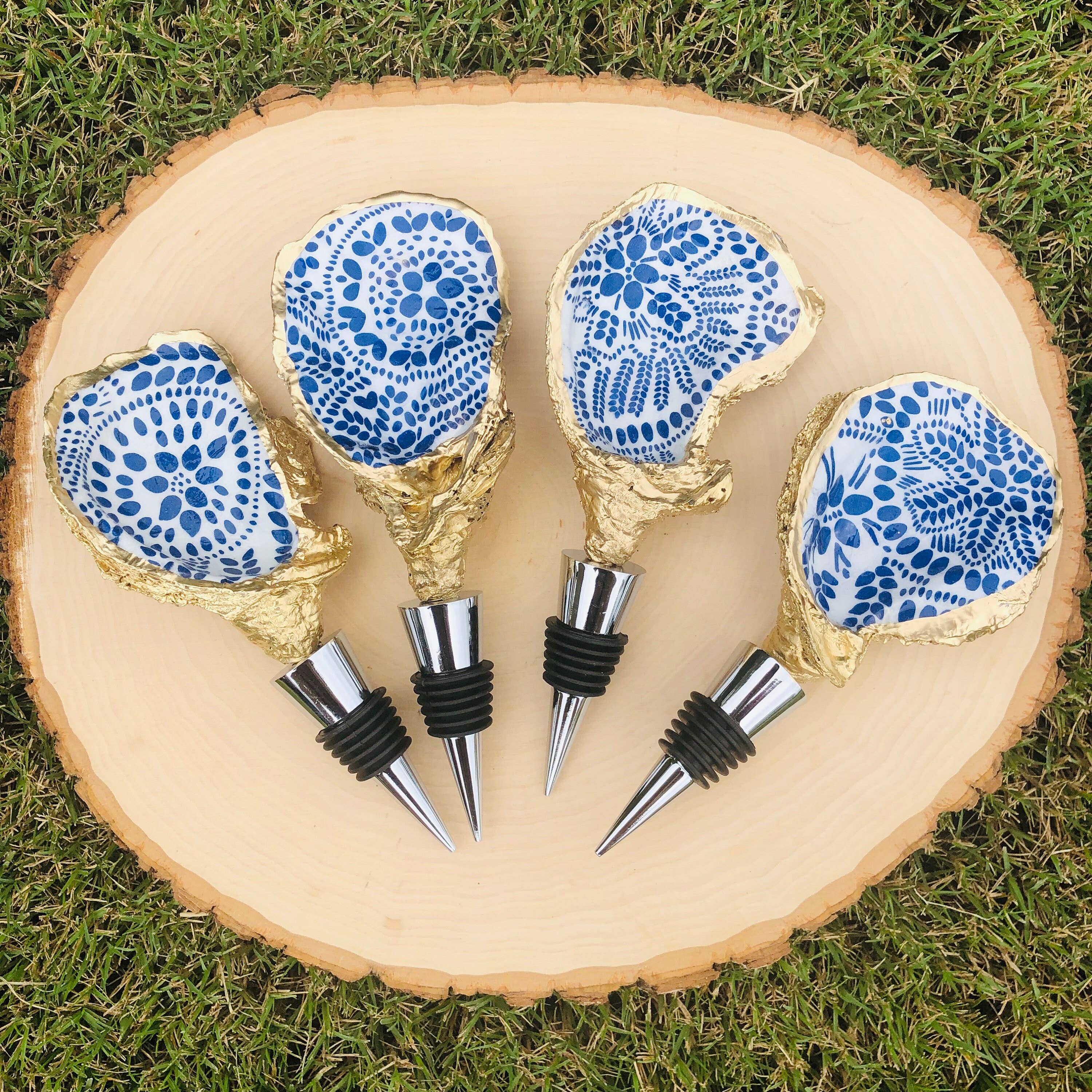 Place of Grace Designs - Oyster Shell Wine Stopper--Blue And White Abstract Dots