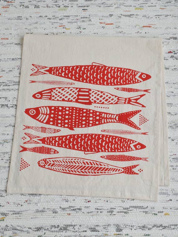 Hearth and Harrow - Sardines Tea Towel in Red - Organic Cotton - Fish Print