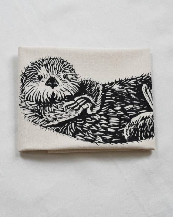 Hearth and Harrow - Otter Tea Towel in Black - Organic Cotton - Cute Sea Otter