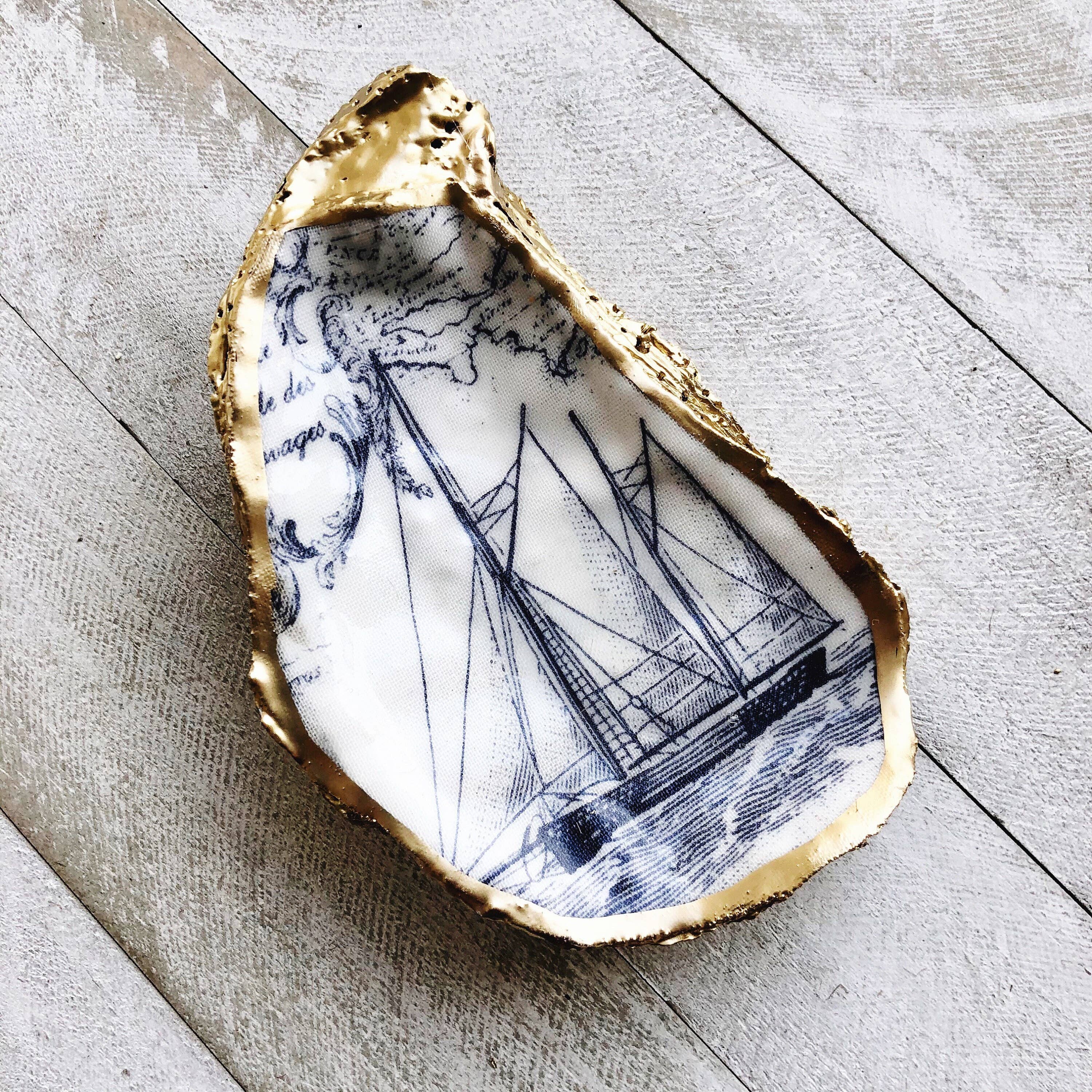 Place of Grace Designs - Decoupage Oyster Ring Dish--White Sailboat Print