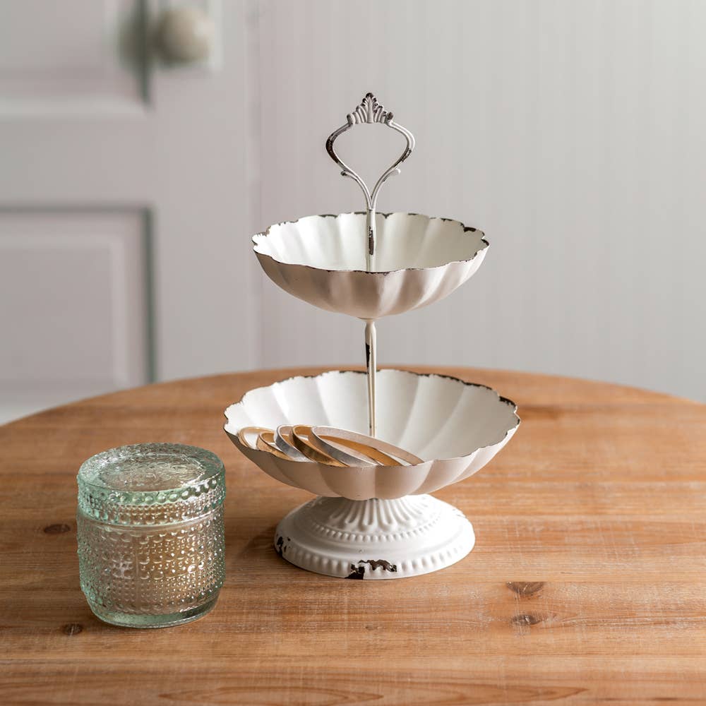 CTW Home Collection - Mini Two-Tier rustic white Scalloped Tray