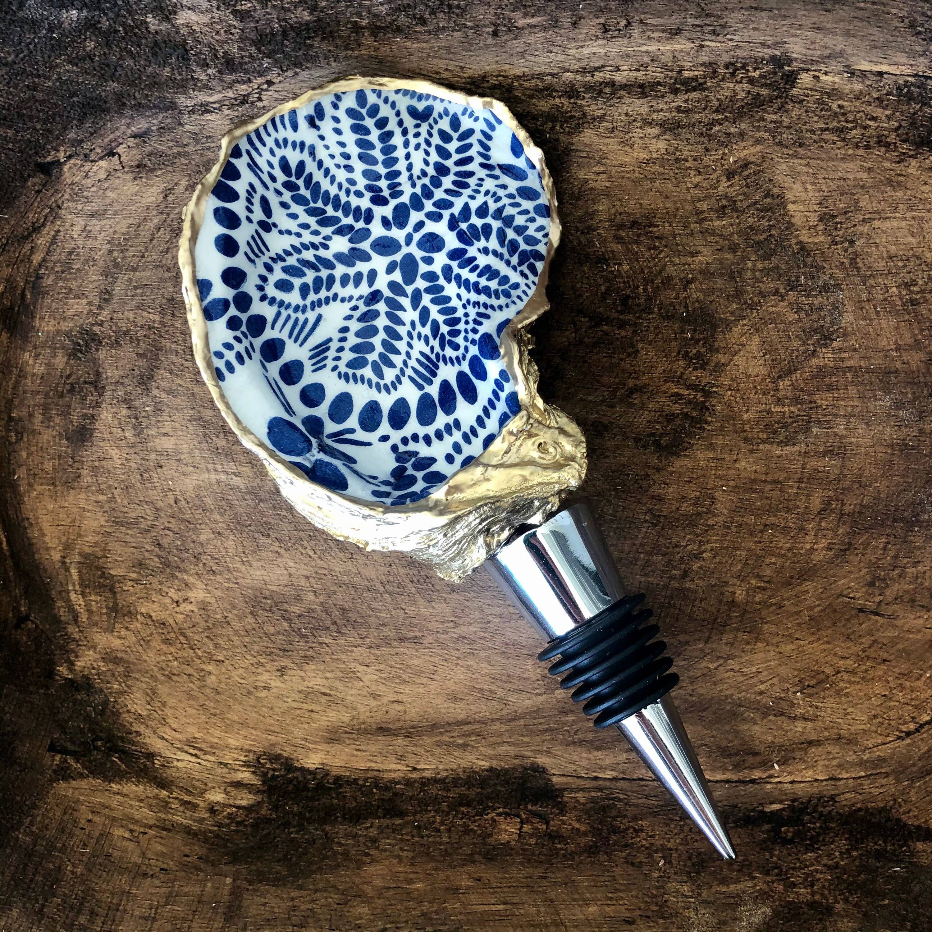Place of Grace Designs - Oyster Shell Wine Stopper--Blue And White Abstract Dots