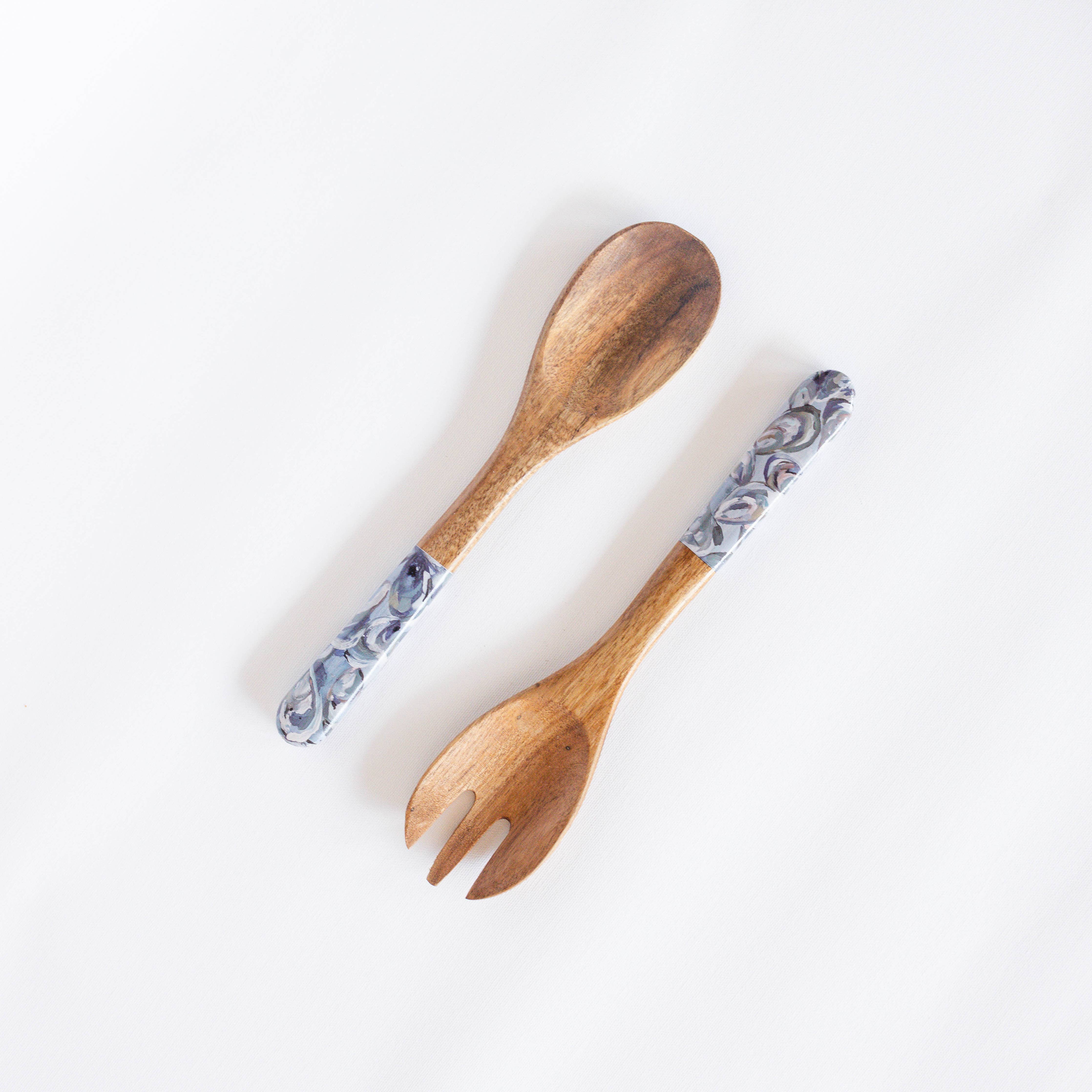Kim Hovell Art - Wooden Salad Utensils - Pewter Shells