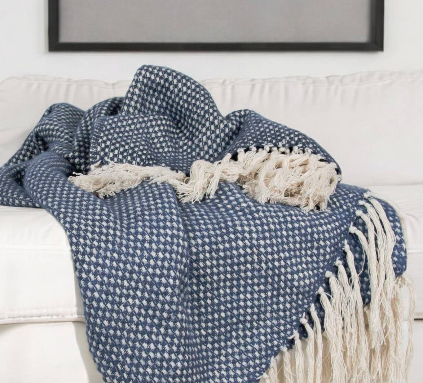 HomeRoots - 50"X60" Navy and Ivory Woven Cotton Polka Dots Throw Blanket