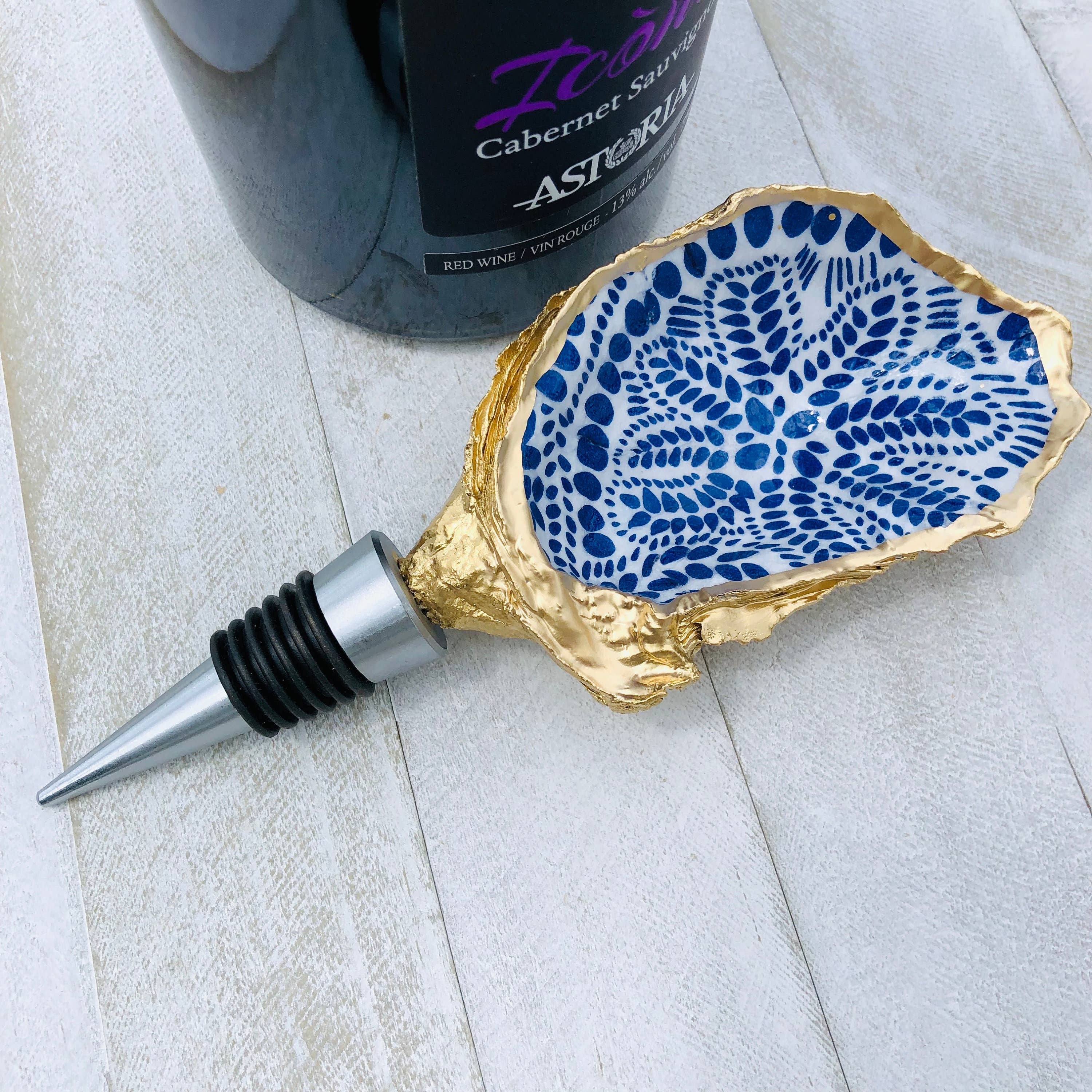 Place of Grace Designs - Oyster Shell Wine Stopper--Blue And White Abstract Dots