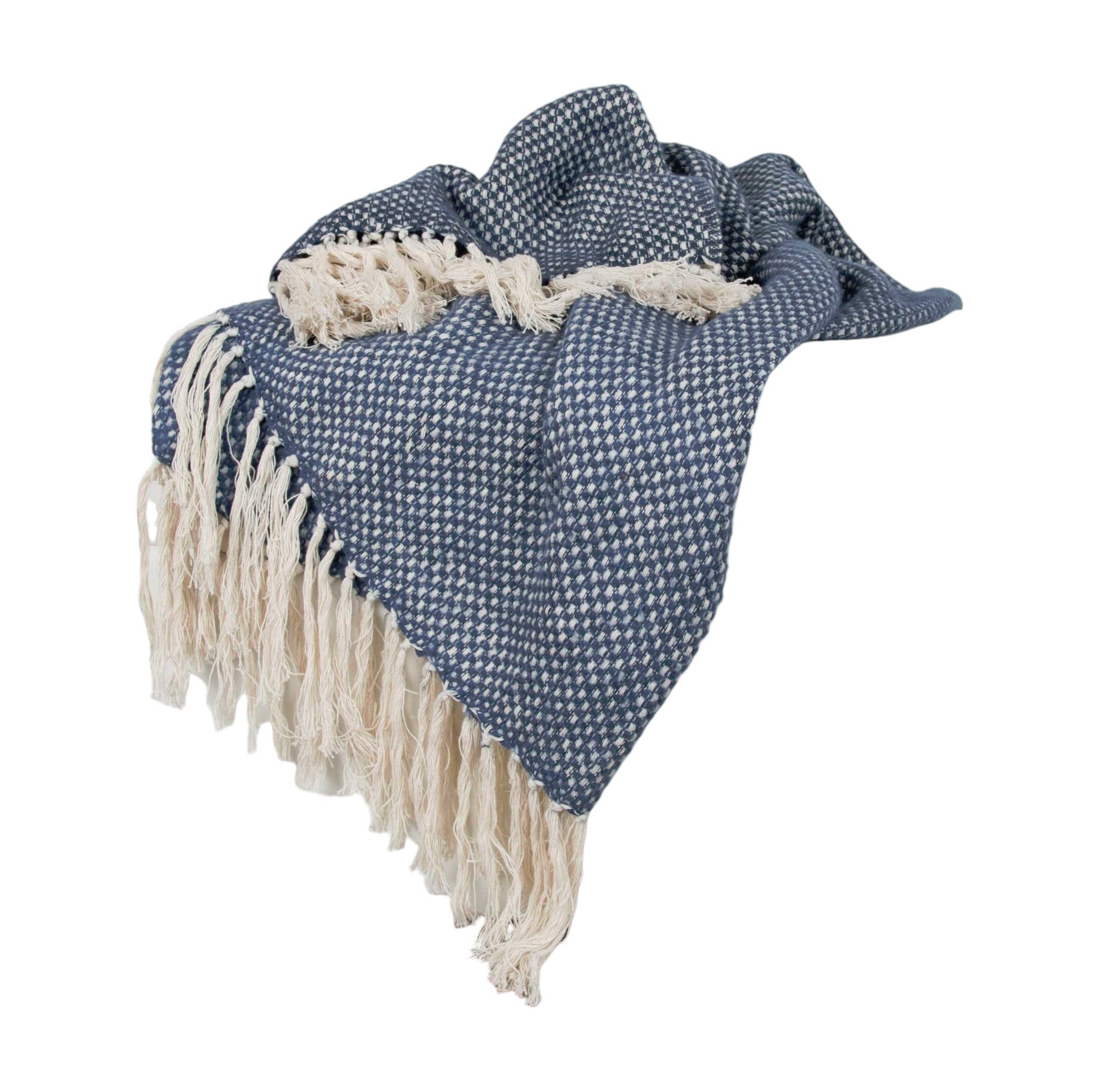 HomeRoots - 50"X60" Navy and Ivory Woven Cotton Polka Dots Throw Blanket