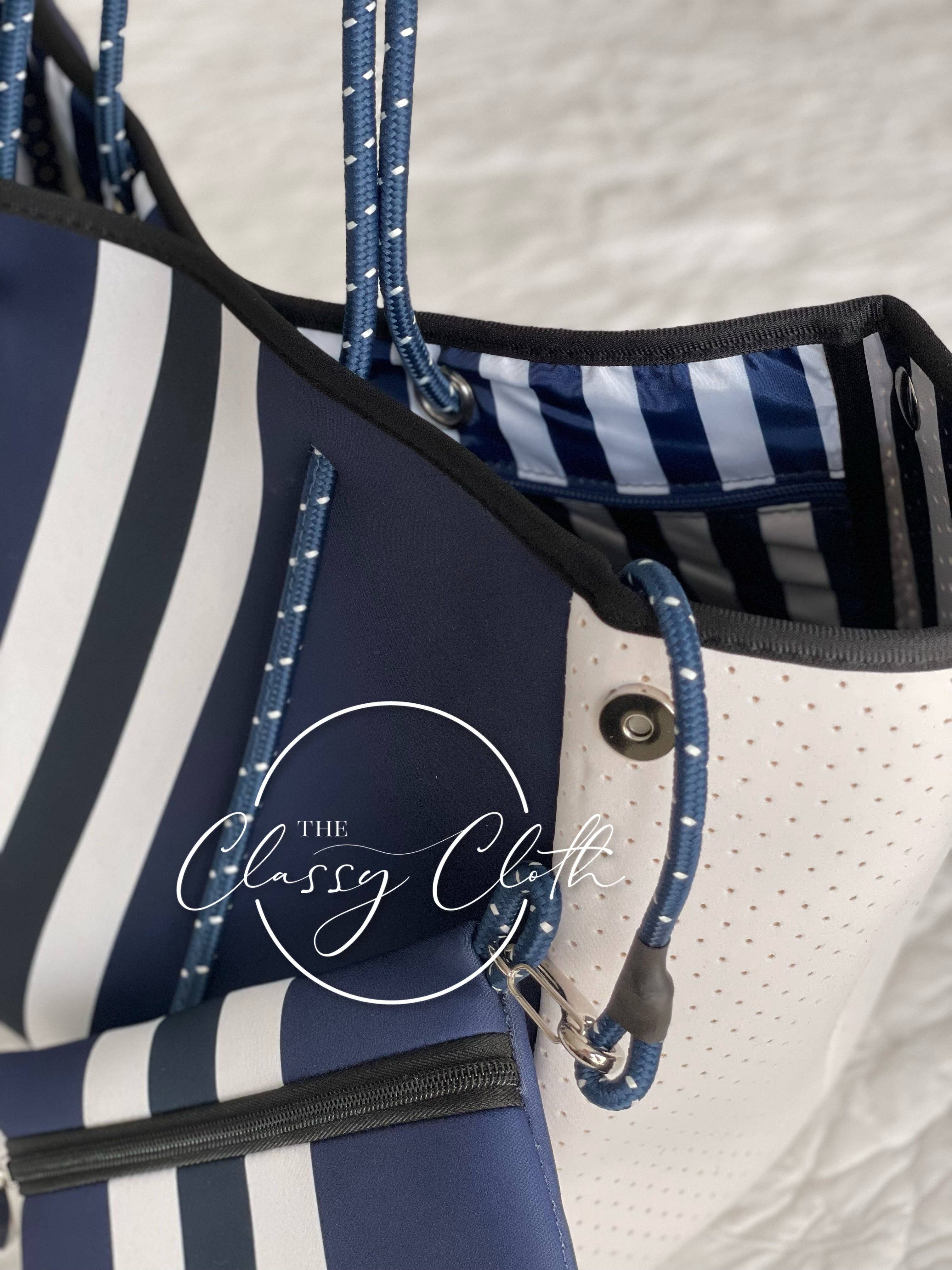 The Classy Cloth  - Beach Bag - Navy w/ Navy & White Stripe Lining