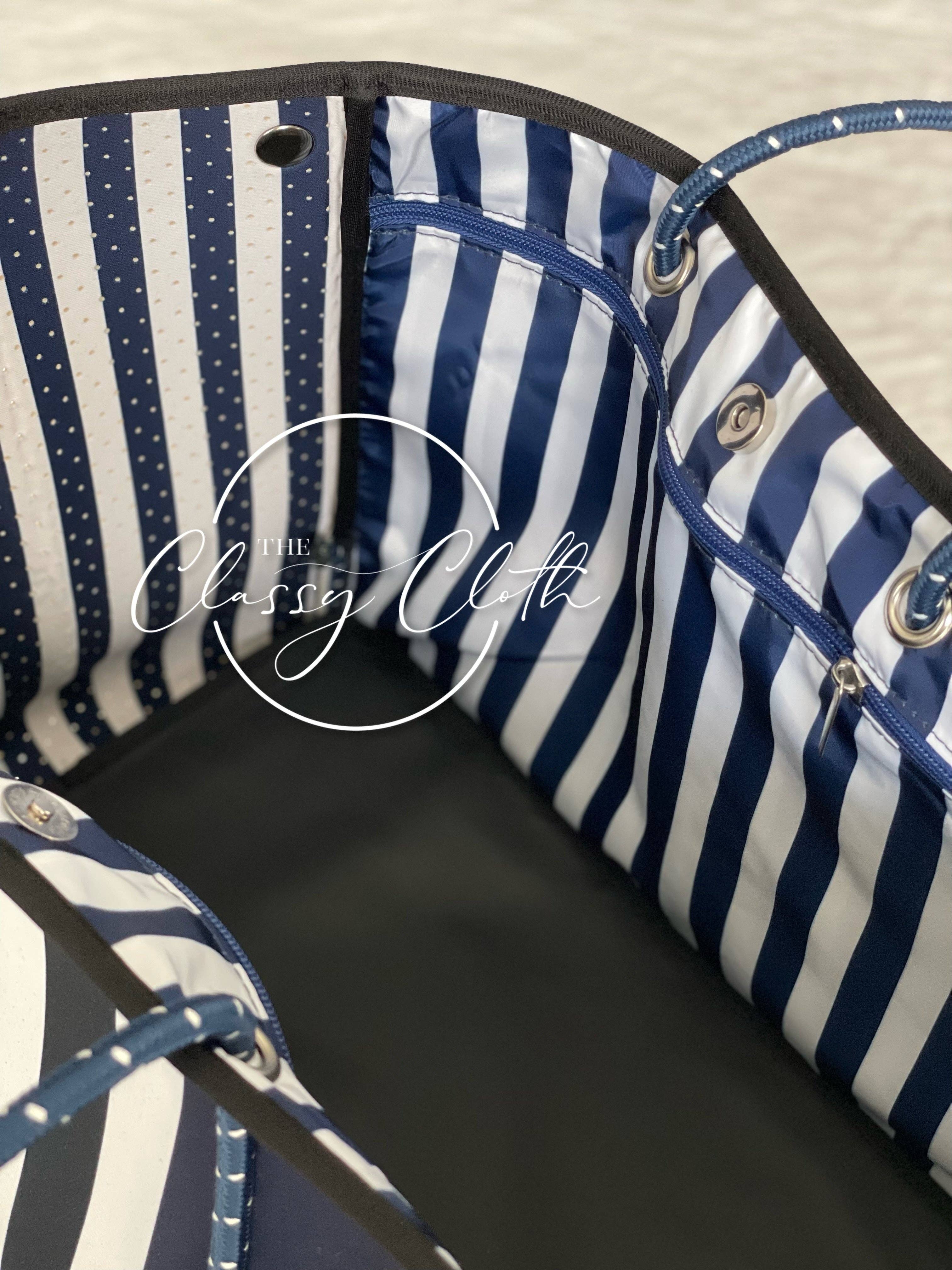 The Classy Cloth  - Beach Bag - Navy w/ Navy & White Stripe Lining