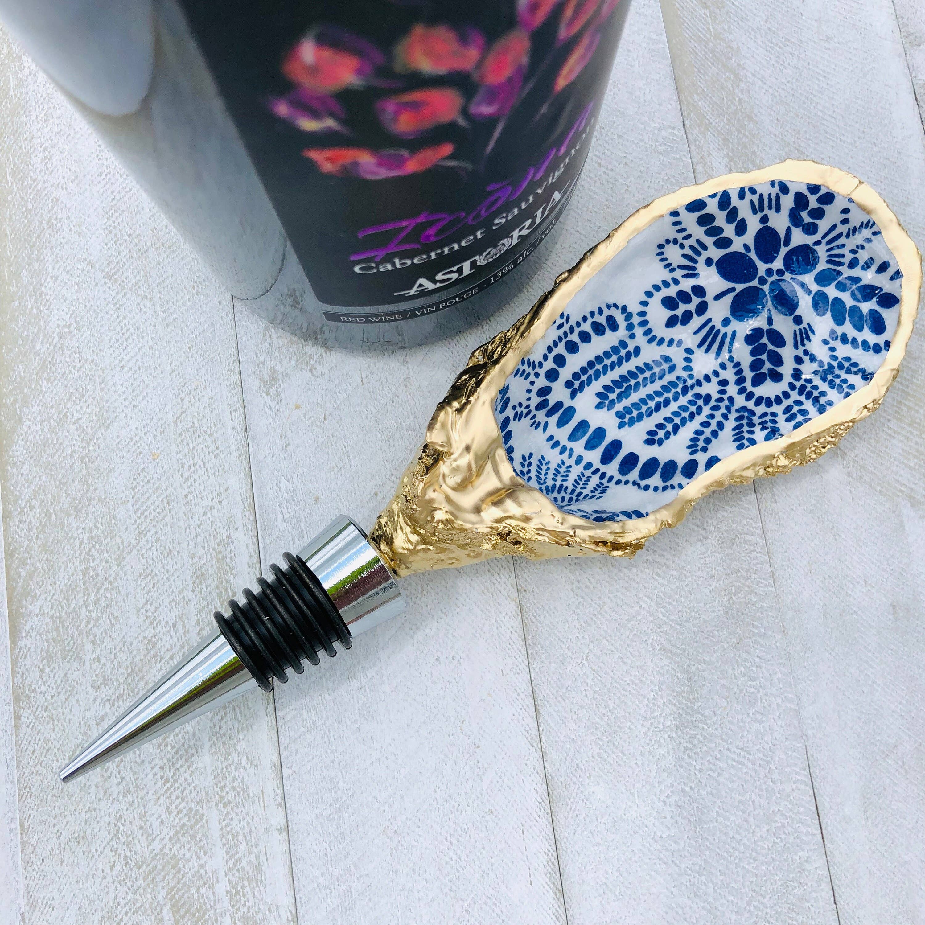 Place of Grace Designs - Oyster Shell Wine Stopper--Blue And White Abstract Dots
