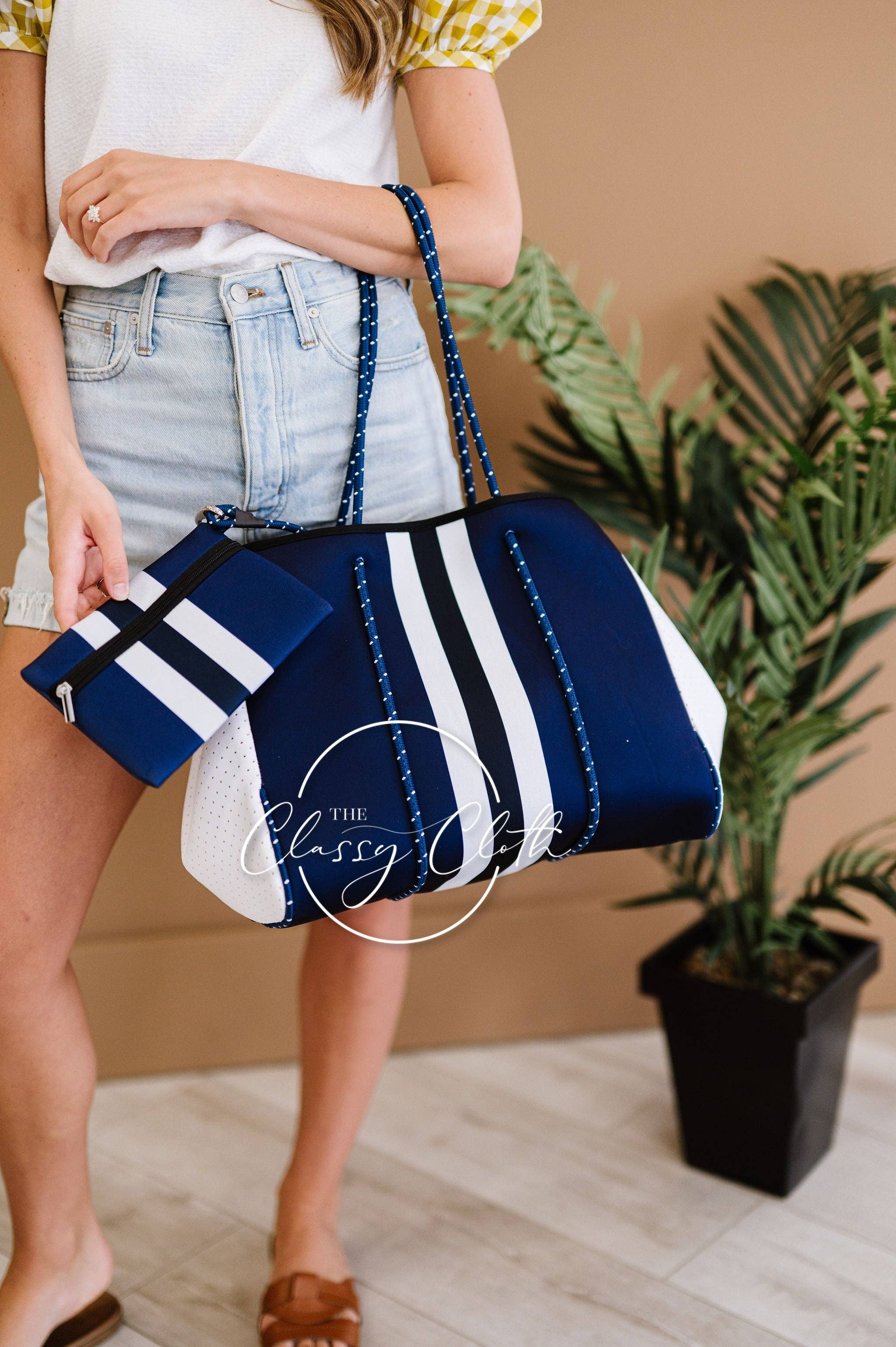 The Classy Cloth  - Beach Bag - Navy w/ Navy & White Stripe Lining