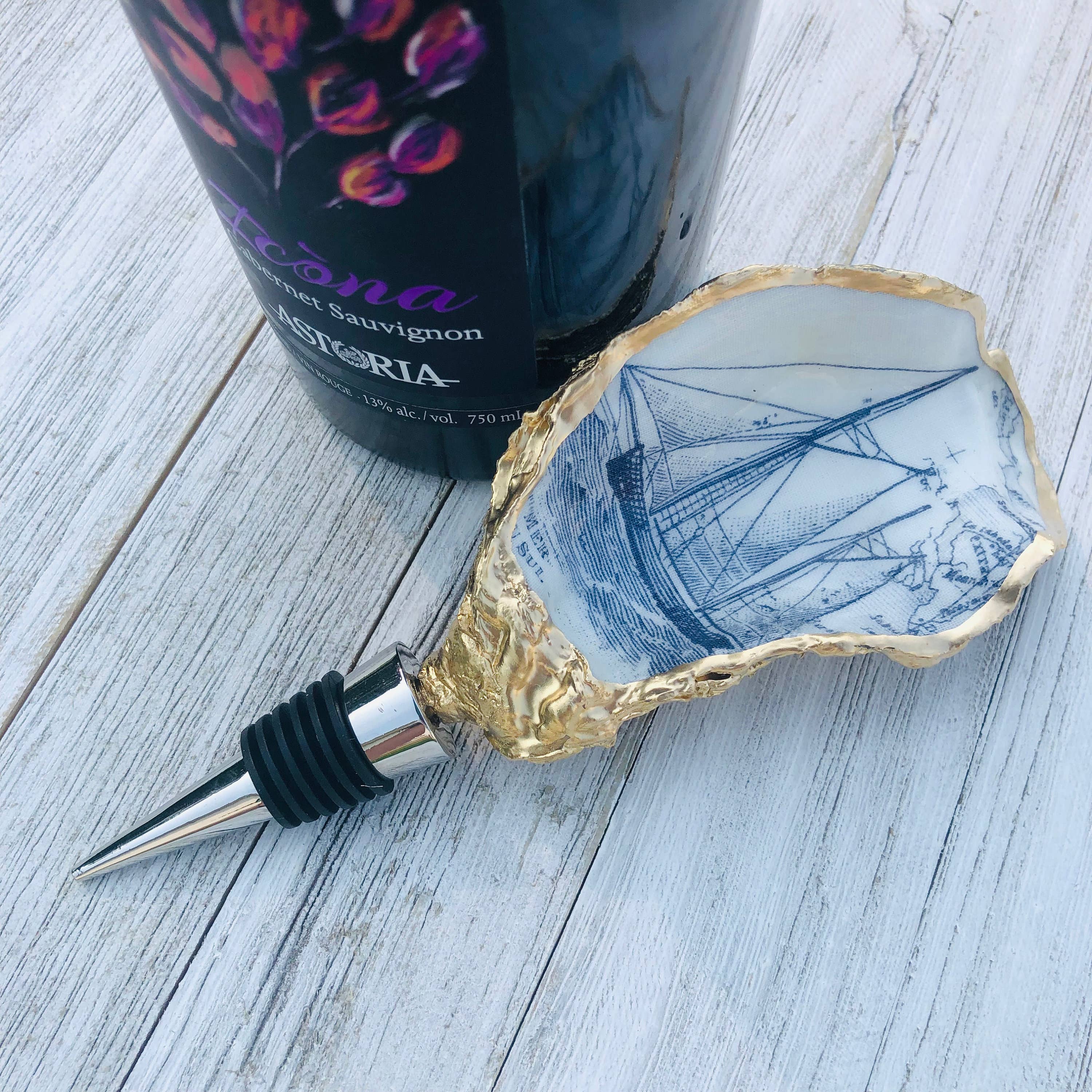 Place of Grace Designs - Oyster Shell Wine Stopper--Sailboat Print