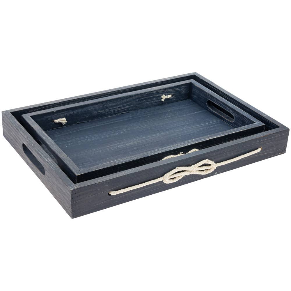 Boston International - Nautical Rope Wood Trays Navy Set of 2