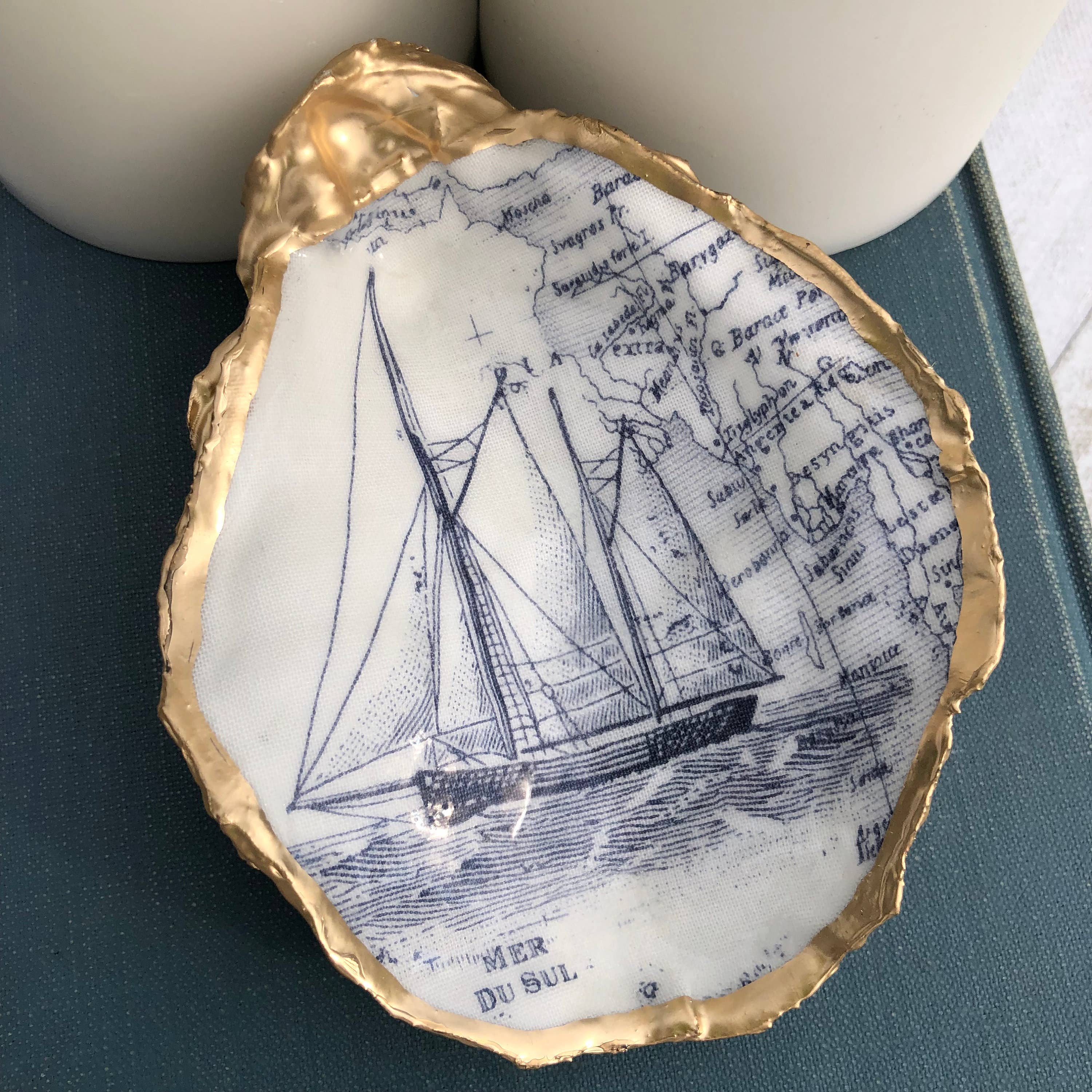 Place of Grace Designs - Decoupage Oyster Ring Dish--White Sailboat Print