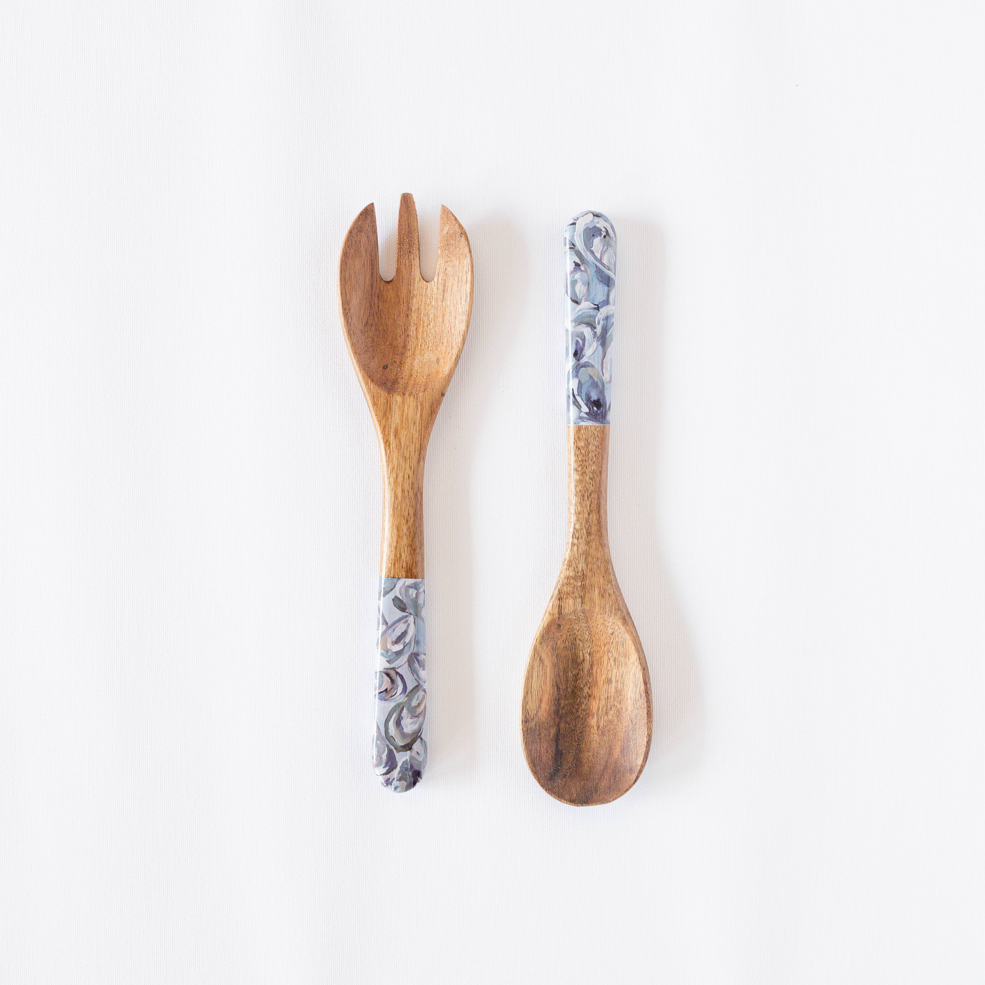 Kim Hovell Art - Wooden Salad Utensils - Pewter Shells