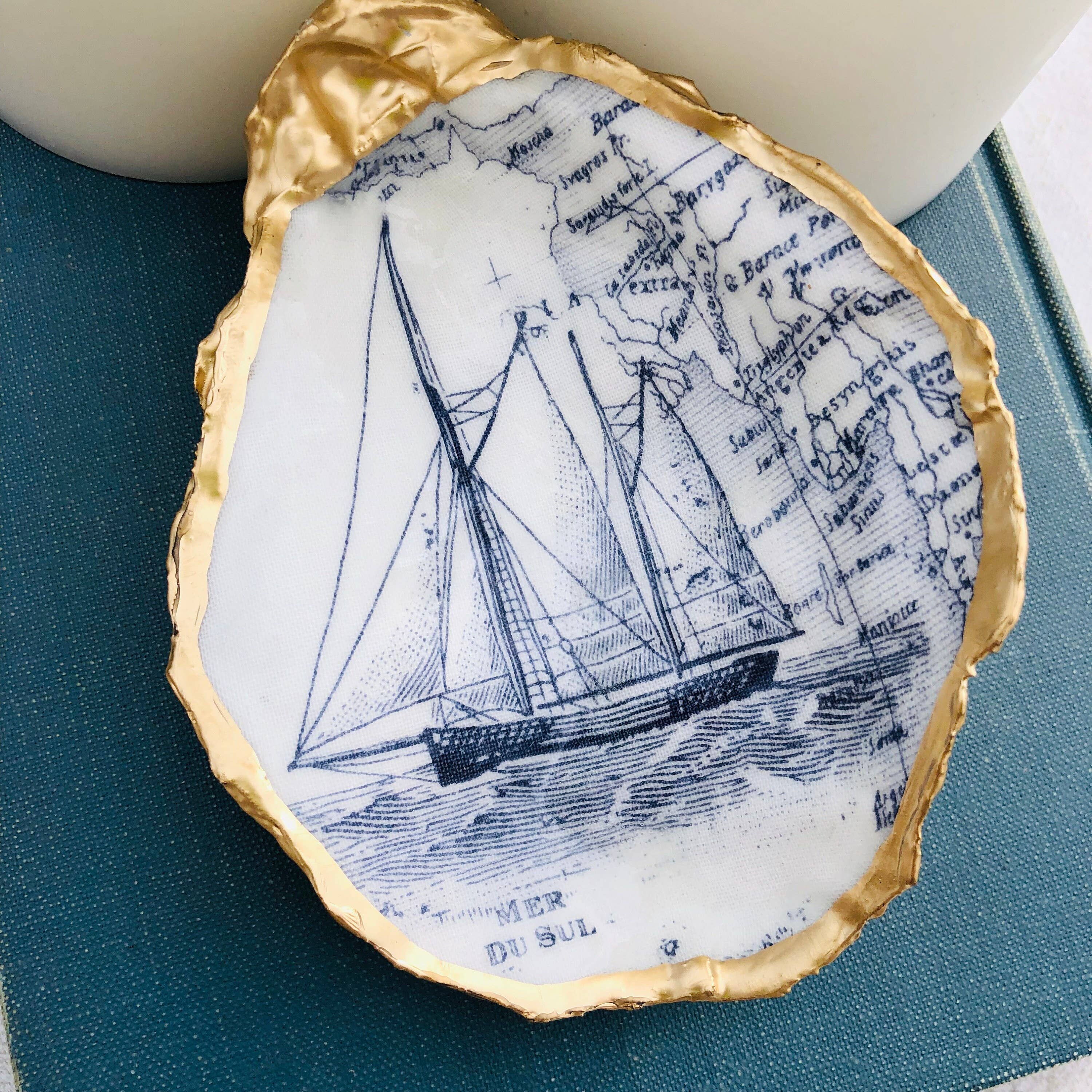 Place of Grace Designs - Decoupage Oyster Ring Dish--White Sailboat Print