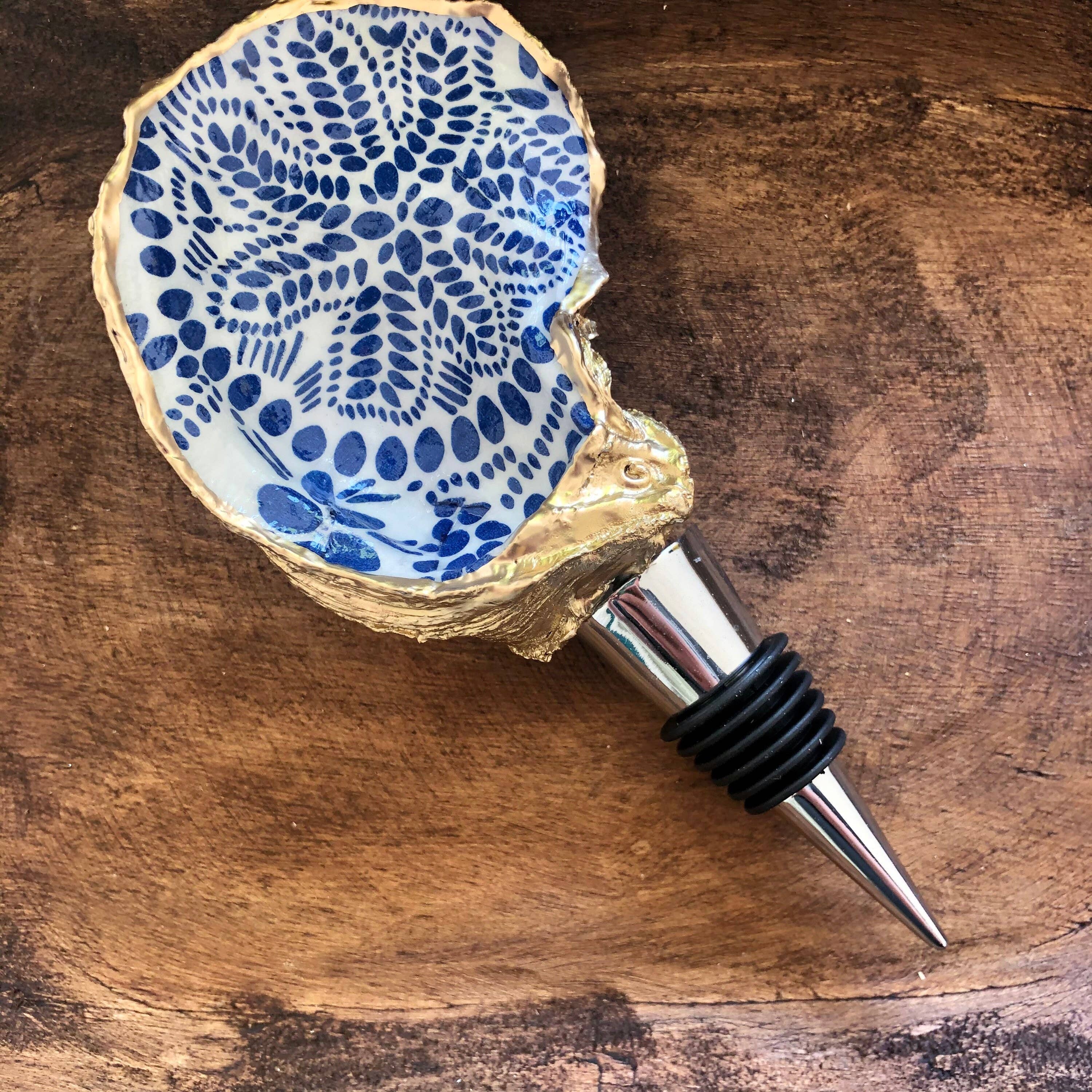 Place of Grace Designs - Oyster Shell Wine Stopper--Blue And White Abstract Dots