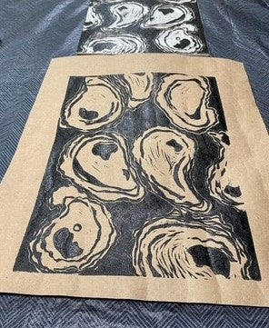 Kelly Campbell Art- 9x12 Block Print Oyster on Brown Butcher Paper