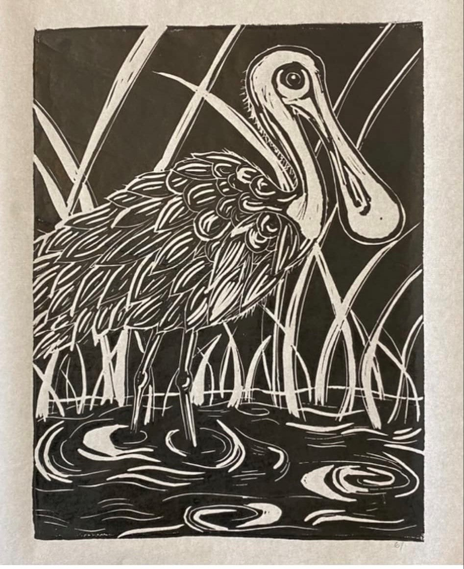 Kelly Campbell Art- 9x12 Block Print Spoonbill Print on White Rice Paper
