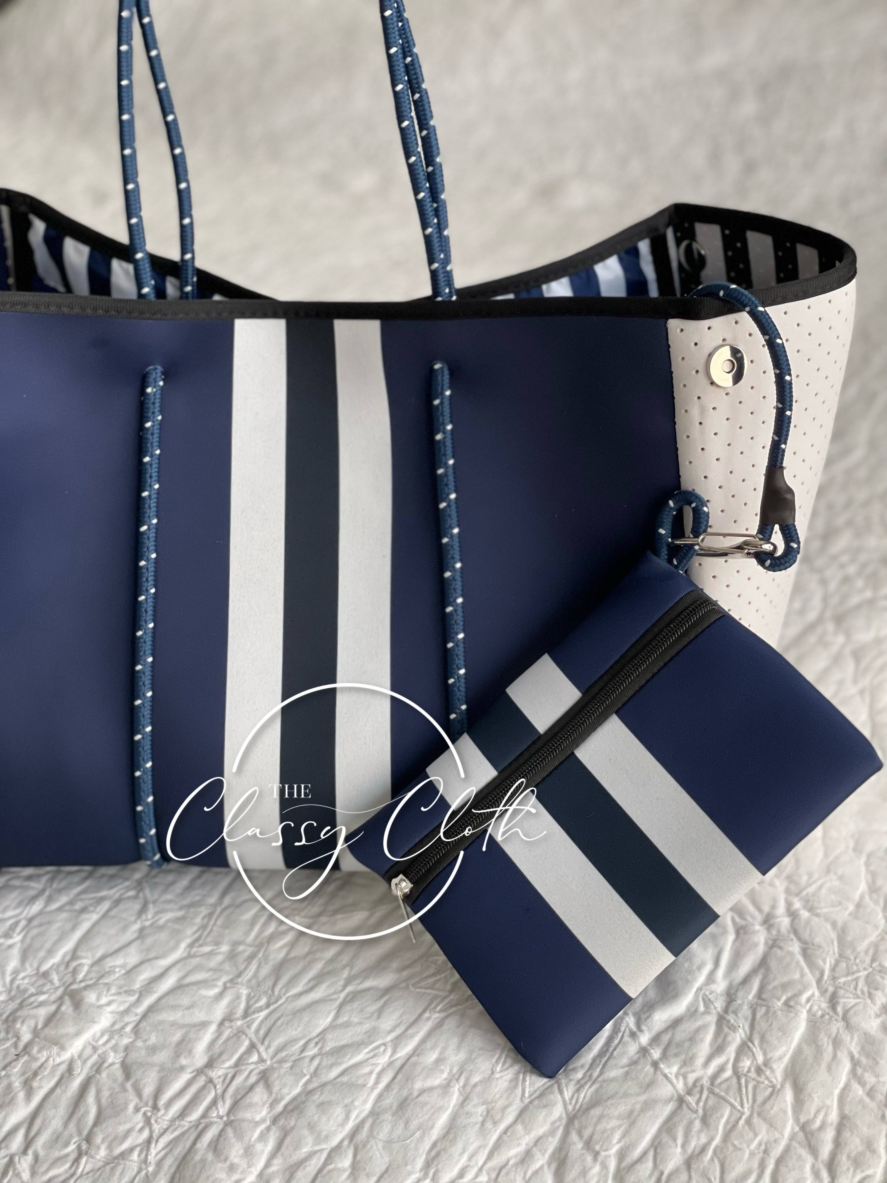 The Classy Cloth  - Beach Bag - Navy w/ Navy & White Stripe Lining