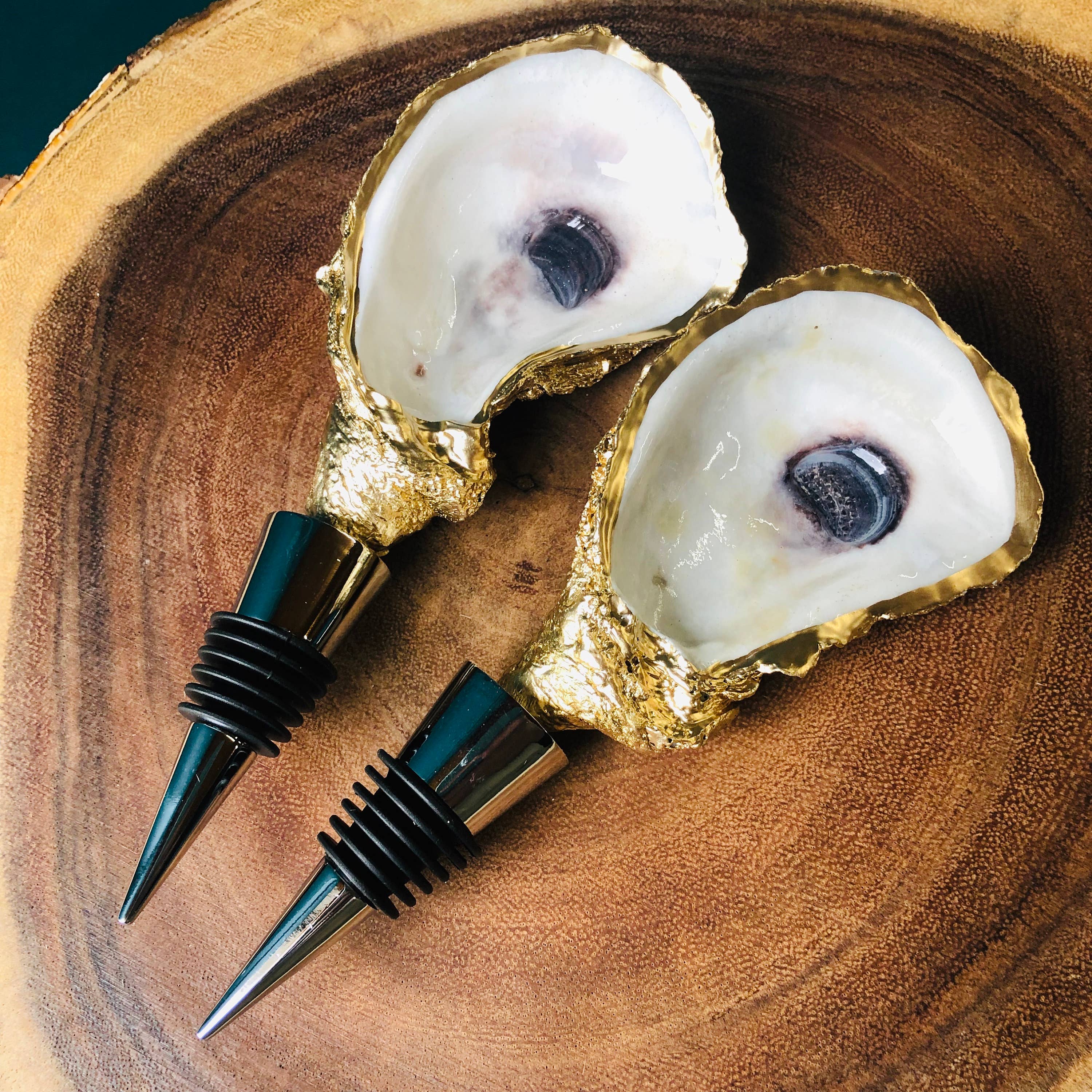 Place of Grace Designs - Oyster Shell Wine Stopper--Blue And White Abstract Dots