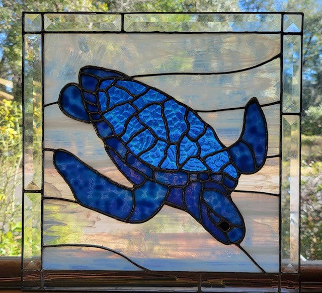 Lorri Jackson Motes- 12.5x12.5 Coastal Blue Stained Glass Sea Turtle